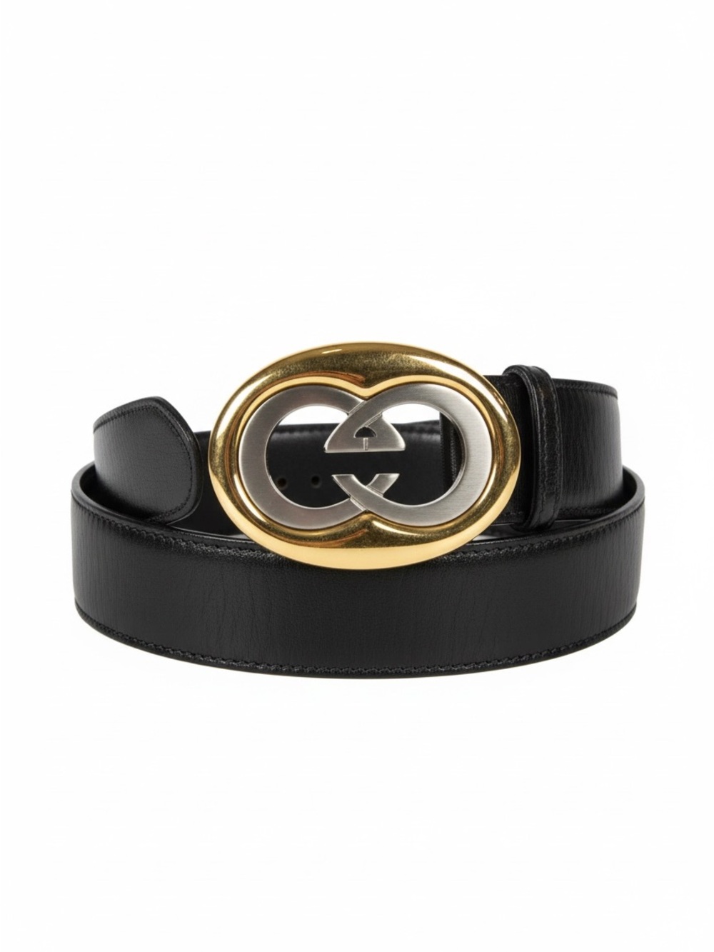 Authentic Vintage Gucci Interlocking G Black Leather Belt 70/28 Two-Tone Buckle